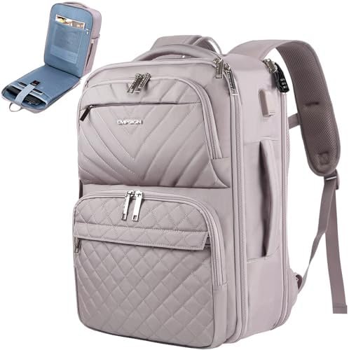EMPSIGN Carry on Travel Backpack for Women & Men, 17 inch Large TSA Friendly Laptop Backpack with USB Port, Airline Approved Carry On Luggage, Travel Essentials, Weekender Overnight Bags, Grey Pink