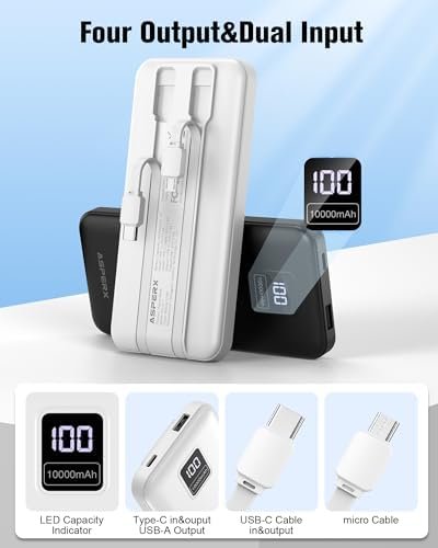 AsperX 2-Pack 10000mAh Portable Charger, USB C Power Bank Fast Charging with Built-in Cables, LED Display External Battery Pack for iPhone, Android, Google LG and Heated Vest - Image 2