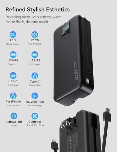 Portable Charger, 20000mAh 22.5W Fast Charging Power Bank with Built-in Cables & Wall Plug, Travel Essentials Battery Pack with LED Display, USB C External Battery Bank for iPhone iPad, Samsung Black - Image 6