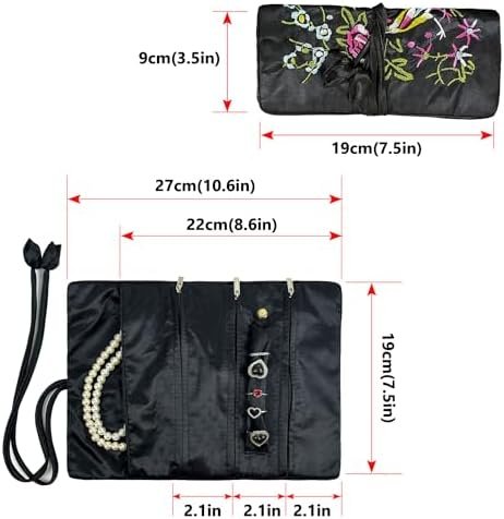 Wei Long Jewelry Roll, Travel Jewelry Roll Bag,Silk Embroidery Brocade Jewelry Organizer Case with Tie Close (Blossom, Black) - Image 4