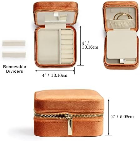 BLUTETE Travel Jewelry Box Organizer Velvet Travel Case With Mirror Rings Earrings Necklaces Storage Organizer Box (Orange) - Image 2