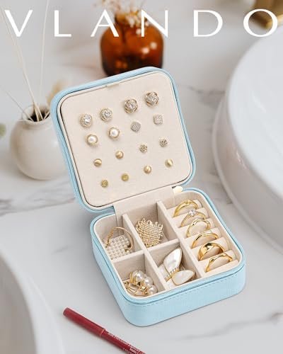 Vlando Travel Jewelry Case, Small Travel Jewelry Organizer Box for Girls Women - Blue - Image 2