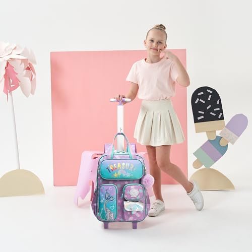 Mermaid Rolling Backpack with Wheels for Girls School Rolling Backpack Kids Travel Luggage for Girls Ages 5-12 - Image 7