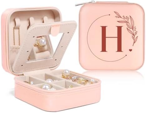 SANDJEST Personalized Jewelry Box, Pink Small Travel Jewelry Box with Initial H, Monogrammed Jewelry Case Organizer for Girls Women Teen, Mini Travel Essentials Gifts for Christmas Birthday