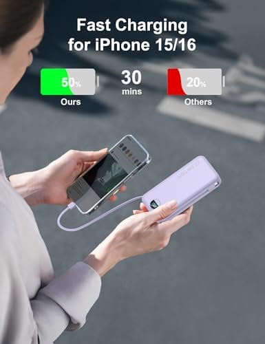 20000mAh Ultra-Portable-Charger-Power-Bank PD20W with Built in Cables&AC Wall Plug,Fast Charging Cell Phone Charger Battery Pack,LED Display Travel Battery Bank for All iPhone,Samsung,Android - Image 4