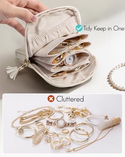 Vlando Small Travel Jewelry Case,Travel Gifts for Women,Jewelry Pouch Bags with Zipper,Velvet Jewelry Organizer Storage Bag for Bracelet Rings Earring-Cream White - Image 7
