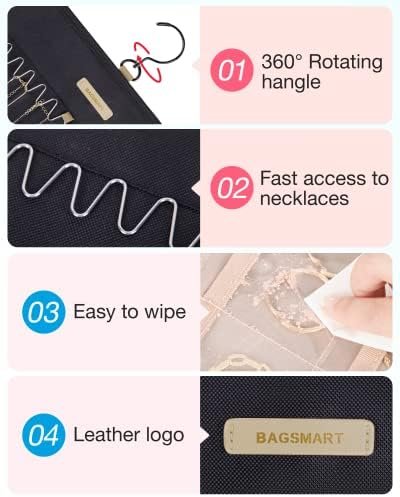 BAGSMART Hanging Jewelry Organizer Storage Roll with Hanger Metal Hooks Double-Sided Jewelry Holder for Earrings, Necklaces, Rings on Closet, Wall, Door, 1 piece, Large, Black - Image 4