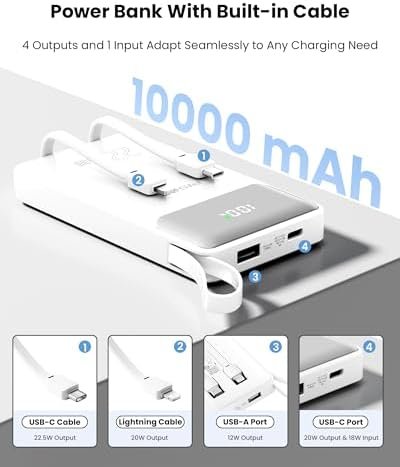 PISEN 3C Certified Power Bank - 10000mAh 22.5W CCC Power Bank with Built in Cable, Travel Battery Pack Portable 3C Charger with LED Display, Portable Charger with Built in Cable for iPhone, Samsung - Image 2