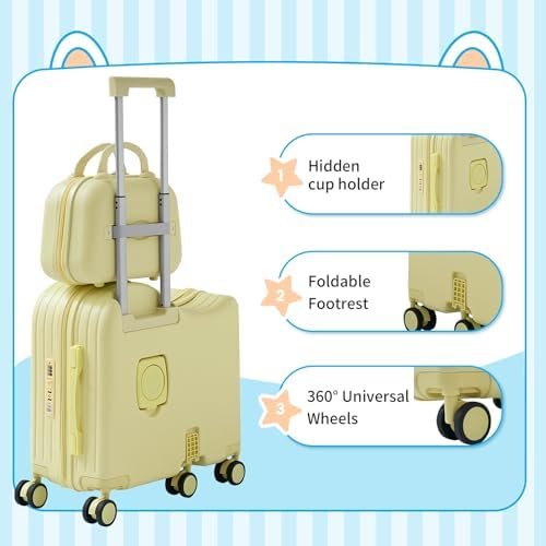 TABU Ride-on Luggage with Portable Bag for Kids，Hardshell Carry On Suitcase with Hidden Cup Holder, Foldable Pedal,Type-C & USB Interface, TSA Lock, 6-Spinner Wheels, Yellow - Image 5