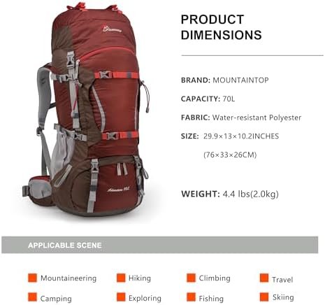 MOUNTAINTOP 70L Internal Frame Backpack Camping Backpacking Hiking Backpack for Men Women with Rain Cover - Image 2