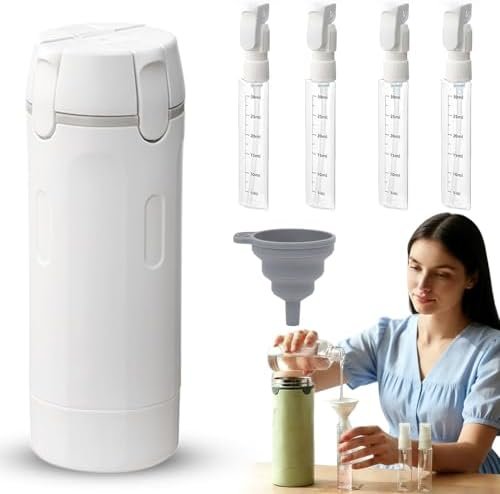 4 in 1 Travel Dispenser Bottle, 2026 New Refillable Travel Bottle for Toiletries, Leak Proof, Travel Size Containers for Shampoo Lotion Conditioner Cream, Transparent with Scale and Label (White)