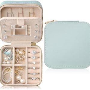 Genuine Leather Travel Jewelry Case Organizer with Mirror for Women, Small Jewelry Box Portable Mini Jewelry Case for Earring, Ring, Necklace, Bracelet(Cyan)