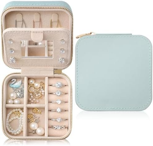 Genuine Leather Travel Jewelry Case Organizer with Mirror for Women, Small Jewelry Box Portable Mini Jewelry Case for Earring, Ring, Necklace, Bracelet(Cyan)