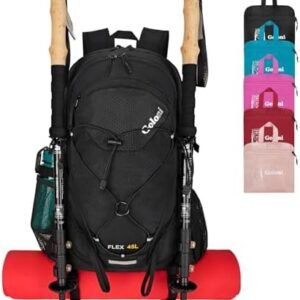 45L Hiking Backpack with Rain Cover, Lightweight Foldable Camping Backpack for Trekking, Water-Resistant Daypack with Hiking Pole & Mat Carrying System,Black