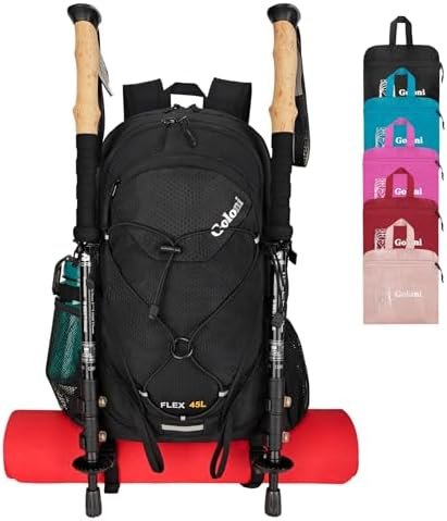 45L Hiking Backpack with Rain Cover, Lightweight Foldable Camping Backpack for Trekking, Water-Resistant Daypack with Hiking Pole & Mat Carrying System,Black