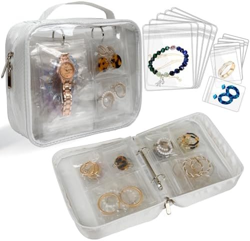 Travel Jewelry Organizer Case Transparent Jewelry Storage Book Binder Bag for Earrings, Rings, Necklace, Bracelet (White-Clear Window)