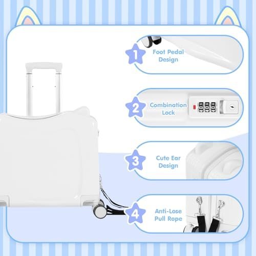 smilesun 20" Ride-On Travel Suitcase for Kids, Cute Ear Toddler Carry on Luggage with Spinner Wheels, Children Rolling Trolly Luggage with Combination Lock (Matte White with Rope) - Image 4