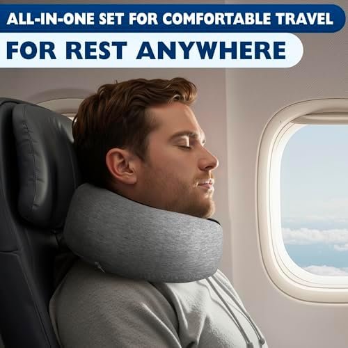 Traveling Neck Pillow – 4-in-1 Set | Adjustable Memory Foam Airline Pillows for Sleeping on Long Flights, Earplugs, Eye Mask, & Cover | Washable Cotton Cover, Hook-and-Loop Closure – Car and Train Use - Image 9