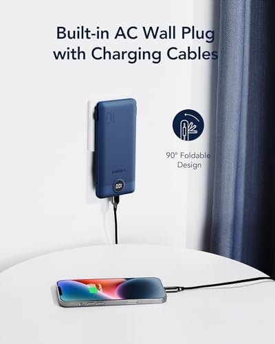 VEGER Portable Charger with Built-in AC Plug and Cables, All in One 10000mAh Ultra Slim Power Bank Travel Essentials, 15W Fast Charging Battery Pack Compatible with iPhone, Samsung, Android (Navy) - Image 3