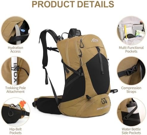 IX INOXTO Hiking Backpack, Waterproof Hiking Daypack with 3L Water Bladder and Rain Cover, Lightweight Travel Camping Backpack for Men Women (Khaki) - Image 3