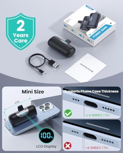 Mini Portable Charger for iPhone,Upgraded 22.5W PD Fast Charging 5500mAh Ultra-Compact Power Bank,LCD Display Plug-in Cute Battery Pack Travel Essentials for iPhone 14/14Pro/13/12/11/X/8/7/6 (Black) - Image 7