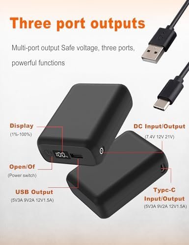 ๐ณ.๐ฐ๐ฉ/๐ฑ๐ฉ ๐ฎ๐ฌ๐ฌ๐ฌ๐ฌ๐บ๐๐ต Heated Vest Battery Pack, LED Display, Power Bank with USB/Type-C/DC 3.8 Output and LED Display, Portable Charger, Compatible with Heated Vests, Jackets, Pants - Image 4