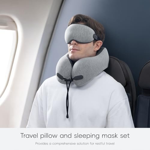 Neck Pillow for Travel Memory Foam Design Models Pillows with Zero Eye Pressure 3D Eye Mask and Compact Bag Traveling Essentials Plane Car Flight Rest Sleeping Use Adult, Light Gray - Image 6