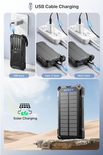 Power Bank 49800mAh Solar Portable Charger Wireless Charging USB-C 15W Fast Charging with 4 Built-in Cables LED Flashlight Battery Pack Compatible with iPhone, iPad, Perfect for Camping,Hiking - Image 7