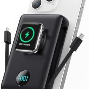 Magnetic Portable Charger for MagSafe with Built-in Cable, iWatch Charger,10800mAh Wireless Power Bank Travel Essentials,25W PD Fast Charging Battery Pack for iPhone 17/16/15/14/13 Series,Apple Watch