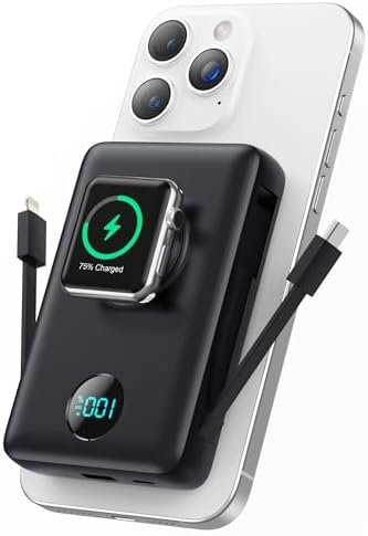 Magnetic Portable Charger for MagSafe with Built-in Cable, iWatch Charger,10800mAh Wireless Power Bank Travel Essentials,25W PD Fast Charging Battery Pack for iPhone 17/16/15/14/13 Series,Apple Watch