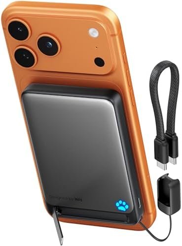 INIU for Magsafe Power Bank, Slimmest 10000mAh Qi2 Certified 15W Magnetic Portable Charger, 45W Fast Charging with Built-in USB-C Cable, Battery Pack with Stand for iPhone Air 17 16 15 14 13 12 Only