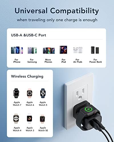 VRURC Charger for iPhone & Apple Watch, 20W USB C Fast Charging Block, 3-in-1 Compact Travel Adapter with 2 Port for iPhone 17/16/15/14/13, Wireless Magnetic for iWatch SE/11/10/9/8/7/6/5/4-Black - Image 7