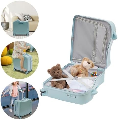 18 Inch Kid Ride On Suitcase, Ride-on Luggage with 4 Universal Wheels Lightweight Kids Travel Luggage for Boys Girls Children's Day Gift, Festival Gift (Sky Blue with Cute Small Ears) - Image 6