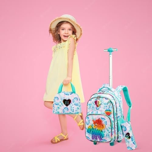 Egchescebo Kids Rolling Unicorn Backpack for Girls Luggage Suitcase With Wheels Trolley Wheeled POP Roller Backpacks for Elementary Travel School Bags 17" 3PCS Toy Backpack With Lunch Box Green - Image 7