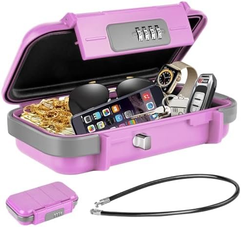 HUANLANG Portable Safe Lock Box with Combination Lock Mini Beach Travel Safe Waterproof Small Lockable Boxs with Removable Wire Rope Combination Lock Box for Dorm,Travel,Beach,Hotel,Car,Home,Office