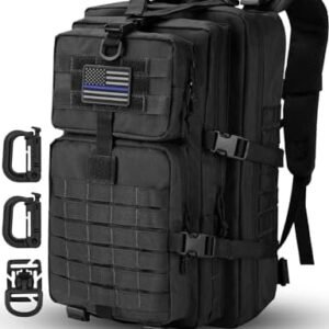 MOLLE Assault Backpack, Tactical Backpack Military Army Camping Rucksack, 3-Day Pack Trip w/USA Flag Patch, D-Rings, Black