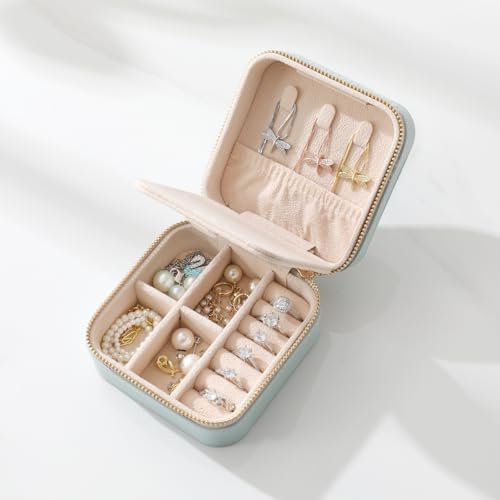 Genuine Leather Travel Jewelry Case Organizer with Mirror for Women, Small Jewelry Box Portable Mini Jewelry Case for Earring, Ring, Necklace, Bracelet(Cyan) - Image 4