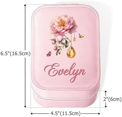 CALLIE Personalized Travel Jewelry Box for Women, Retro Gemstone Birth Flower PU Leather Jewelry Organizer Case with Name and LED Mirror, Valentine’s Day Birthday Gifts for Mom Sister Daughter Wife - Image 8