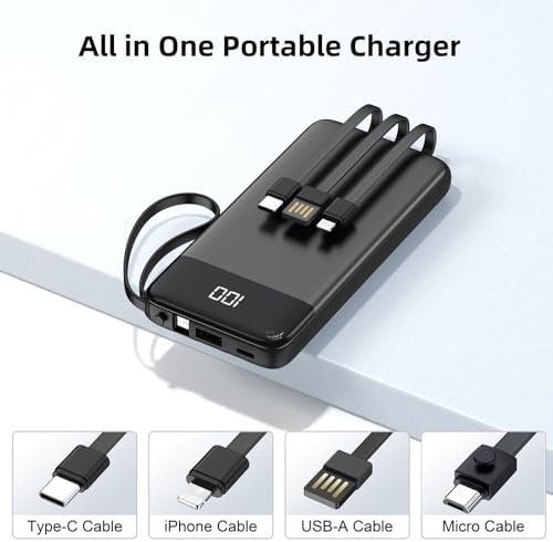 Portable Charger 10000mAh Power Bank with Built-in Cable, 5 Output 2 Input Travel Essential External Battery Pack with LED Display Compatible with iPhone 17/16/15/14 Samsung Android, etc - Image 2