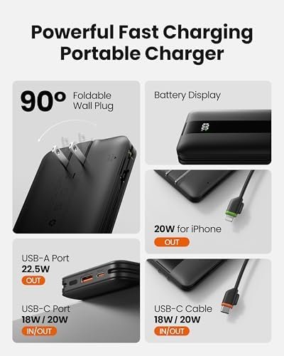Portable Charger with Wall Plug, Fast Charging Power Bank Built-in Cables, Slim 10500mAh 22.5W 4 Outputs 3 Inputs LED Display External Battery Pack Compatible with iPhone/Android (Black) - Image 2