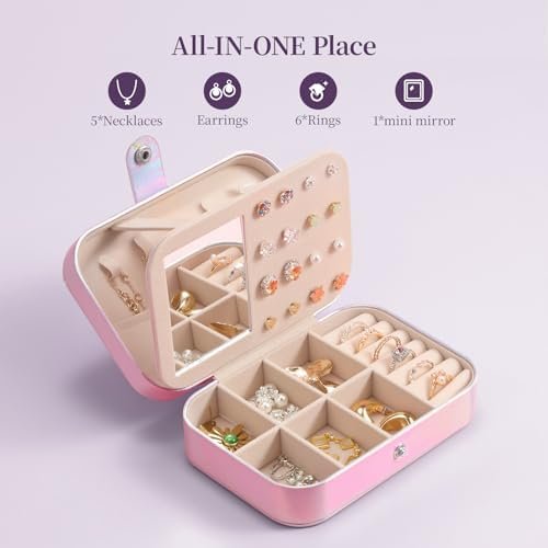 LAMU Travel Jewelry Box, Portable Jewelry Organizers and Stroage, Glowing Rainbow Small Jewelry Case for Earrings Rings Necklaces, Travel Jewelry Case for Women Girls as Birthday, Wedding Gifts, Pink - Image 4