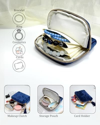 Small Travel Jewelry Case for Women 6-Layer Velvet Jewelry Organizer Storage Bag with Tassel for Bracelet Rings Earrings Navy Blue - Image 3