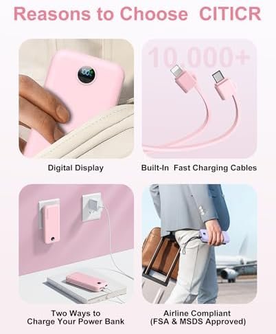 Portable Charger, 12000mAh 22.5W Fast Charging Power Bank with Built-in Cables & Wall Plug, External Battery Pack with LED Display, Travel Essentials Battery Bank for iPhone, iPad, Samsung Fairy Pink - Image 5