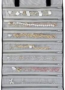 UnionPlus Velvet Travel Jewelry Case Roll Bag Organizer for Necklace, 9 Zipped Grids, Black and Grey