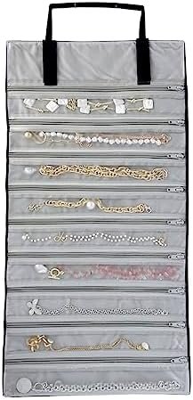 UnionPlus Velvet Travel Jewelry Case Roll Bag Organizer for Necklace, 9 Zipped Grids, Black and Grey