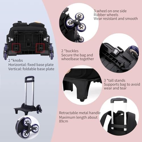 Girls Boys Rolling Backpack with Wheels, Girls Backpack with Wheels for School, Kids Carry-on Luggage Wheeled School Bag Roller Trolley Bookbag, White - Image 4