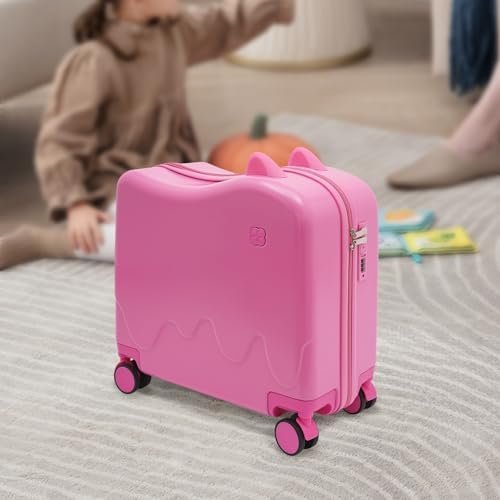 Kids Ride-On Rolling Suitcase, Carry on Suitcase for Travel, Rolling Luggage with Spinner Wheels, Carry Trolley with Password Lock, 18 x 9.1 x 17.1 inches, Ages 3-6 (Pink) - Image 5