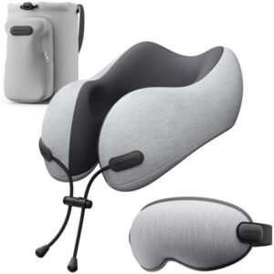 Neck Pillow for Travel Memory Foam Design Models Pillows with Zero Eye Pressure 3D Eye Mask and Compact Bag Traveling Essentials Plane Car Flight Rest Sleeping Use Adult, Light Gray