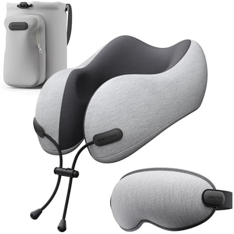 Neck Pillow for Travel Memory Foam Design Models Pillows with Zero Eye Pressure 3D Eye Mask and Compact Bag Traveling Essentials Plane Car Flight Rest Sleeping Use Adult, Light Gray