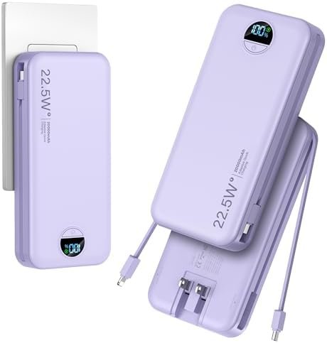 20000mAh Ultra-Portable-Charger-Power-Bank PD20W with Built in Cables&AC Wall Plug,Fast Charging Cell Phone Charger Battery Pack,LED Display Travel Battery Bank for All iPhone,Samsung,Android